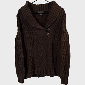 Y2K Eddie Bauer Sweater Brown Women's XL Ribbed Cable-Knit Shawl Collar Chunky